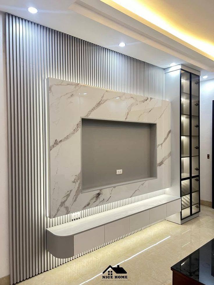 Fluted-panel TV wall with marble inset and display cabinet