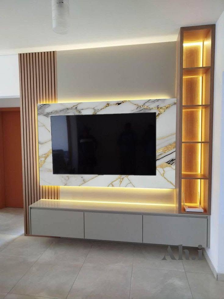 Marble TV wall panel with illuminated display shelving