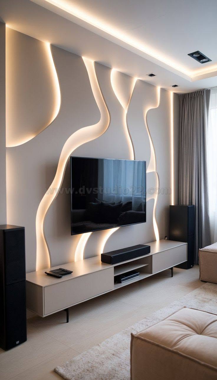 Sculpted plaster TV wall with indirect cove lighting