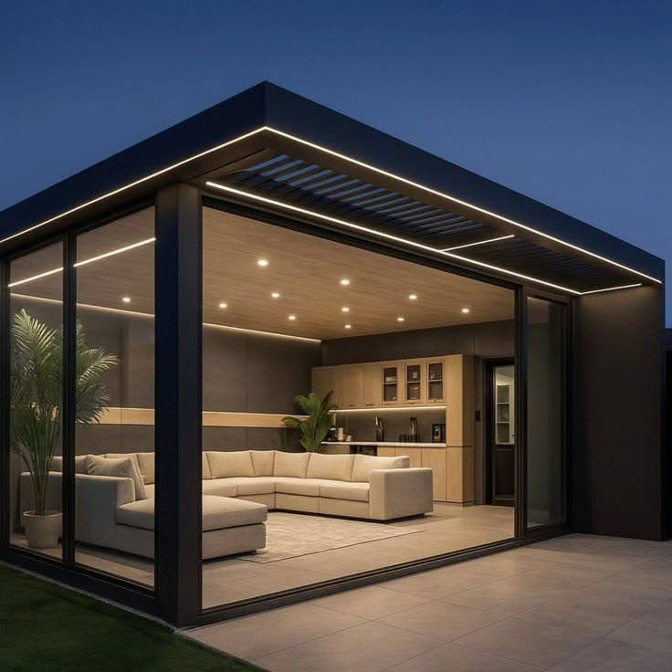 Glazed poolside pavilion with outdoor kitchen