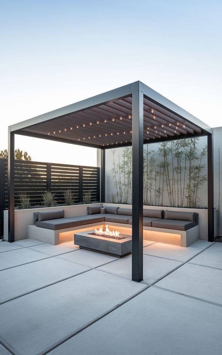 Modern pergola with louvered roof and sunken fire lounge