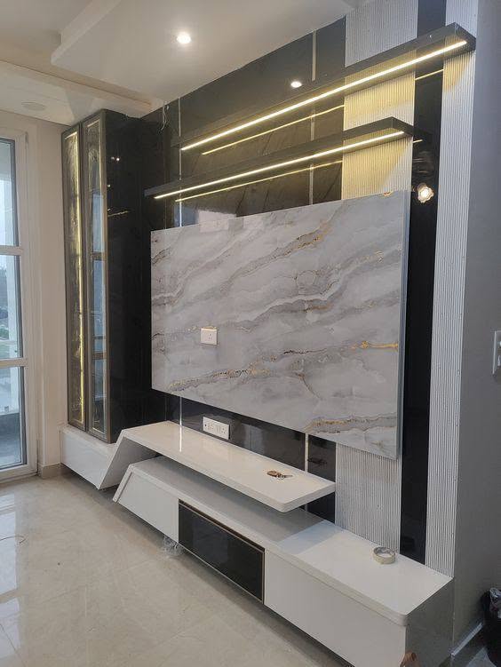 Black marble TV feature wall under construction