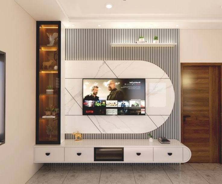 Modern white TV wall unit with fluted panel backdrop