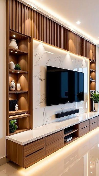 Timber TV wall with integrated display shelving