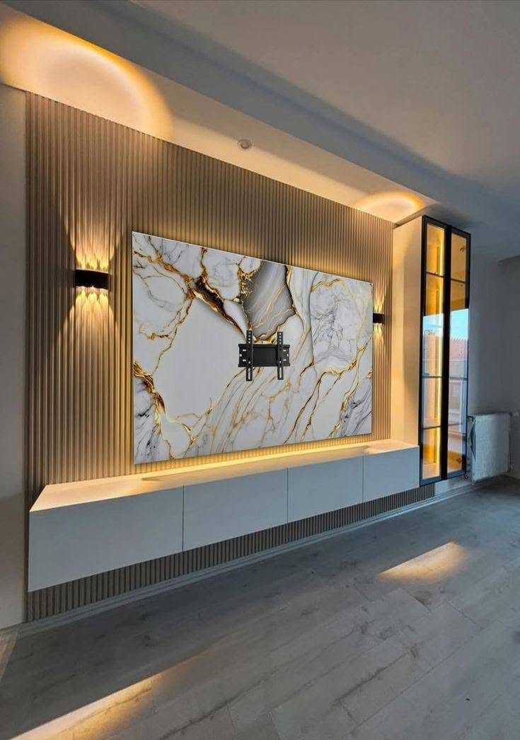 Marble TV feature wall with floating console and fluted wood panelling